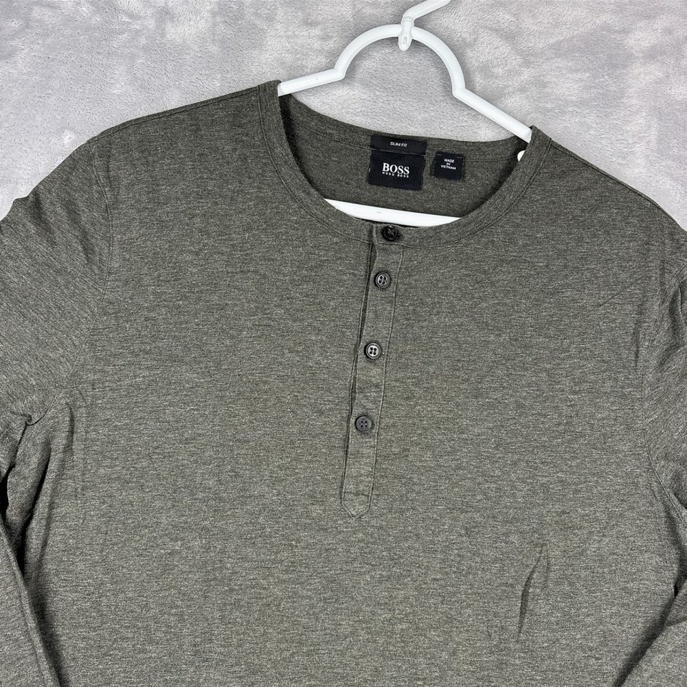 BOSS Veneto 08 Henley Shirt Mens L Dark Grey/Olive Heather Slim Fit Long Sleeve